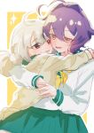  2girls absurdres ahoge araga_kiwi blazer blush fang grey_hair heart heart_ahoge highres hiiragi_utena hug jacket mahou_shoujo_ni_akogarete medium_hair multiple_girls parted_lips patipafu purple_eyes purple_hair school_uniform simple_background skirt smile sparkle upper_body yellow_background yellow_eyes yuri 