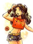  1girl absurdres artist_name black_eyes black_hair bracelet commentary cowboy_shot dc_comics english_commentary eyewear_on_head highres jewelry long_hair looking_to_the_side midriff mikemaihack navel red_shirt shirt short_shorts shorts teen_titans western_comics_(style) wonder_girl wonder_woman_(series) 