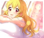  1girl :d absurdres aikatsu! aikatsu!_(series) blonde_hair blurry blurry_foreground blush bokeh border crossed_arms dated depth_of_field dress english_text happy_birthday highres hoshimiya_ichigo long_hair looking_at_viewer lying on_bed on_stomach open_mouth pillow red_eyes sekina smile solo strap_slip white_border white_dress 