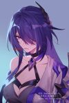  1girl acheron_(honkai:_star_rail) black_choker blue_background breasts choker cleavage commentary_request hair_over_one_eye highres honkai:_star_rail honkai_(series) large_breasts long_hair ojo_aa purple_eyes purple_hair single_bare_shoulder solo upper_body 