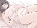  1girl black-framed_eyewear bob_cut breasts brown_hair dated glasses green_eyes hadashi_no_kenji highres indoors large_breasts lifted_by_self looking_at_viewer lying navel on_back on_bed original panties shirt sideboob solo underwear white_panties white_shirt 