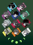  5boys 5girls aegis_(persona) amada_ken aqua_eyes aragaki_shinjirou bandaid bandaid_on_face baseball_cap beanie blue_eyes bow bowtie closed_mouth collared_shirt commentary curly_hair dog everyone expressionless gradient_background green_background grey_eyes greyscale_with_colored_background hair_ornament hairclip hat iori_junpei kirijou_mitsuru koromaru_(persona) long_hair moon_phases multiple_boys multiple_girls neck_ribbon orange_eyes persona persona_3 persona_3_portable pink_eyes ponytail portrait profile purple_eyes red_eyes ribbon s.e.e.s sanada_akihiko shiomi_kotone shirt short_hair simple_background spot_color takeba_yukari wing_collar yamagishi_fuuka yellow_eyes yuuki_makoto_(persona_3) zerosshadows 