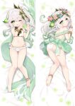  1girl ;p anklet arms_up ass ass_visible_through_thighs bare_shoulders barefoot bikini blush bracelet braid clothes_lift dakimakura_(medium) dress dress_lift feet flower full_body genshin_impact gradient_hair green_dress green_eyes green_hair hair_ornament head_wreath heart heart_hands jewelry kneepits leaf legs long_hair looking_at_viewer looking_back lying moeanime multicolored_hair multiple_views nahida_(genshin_impact) navel on_back on_stomach one_eye_closed pointy_ears side_ponytail smile soles stomach sundress swimsuit thigh_gap thighs toes tongue tongue_out white_bikini white_hair 