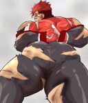  1boy akashi_(live_a_hero) arms_behind_back ass ass_focus bara bodysuit bound bound_arms bruise cuts defeat facial_hair feet_out_of_frame foreshortening from_behind goatee goggles highres injury kaeru333938123 large_pectorals live_a_hero long_sideburns looking_at_viewer looking_back lying male_focus muscular muscular_male on_stomach pectorals red_eyes red_hair scar scar_on_face scar_on_nose short_hair sideburns solo superhero_costume sweat thick_eyebrows torn_bodysuit torn_clothes 