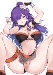  1girl :o armband bare_shoulders bikini black_bikini black_choker black_gloves breasts choker cleavage commentary_request fingerless_gloves fire_emblem fire_emblem:_three_houses fire_emblem_heroes fire_emblem_warriors:_three_hopes flower gloves hair_bun hair_flower hair_ornament hair_over_one_eye large_breasts long_hair navel official_alternate_costume open_mouth partial_commentary purple_eyes purple_hair pussy shez_(female)_(fire_emblem) shez_(female)_(summer)_(fire_emblem) shez_(fire_emblem) simple_background single_hair_bun solo stomach swimsuit thigh_strap thighs white_background white_flower yuuri_(orz_commushows) 