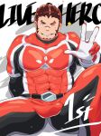  1boy akashi_(live_a_hero) bara bulge covered_navel facial_hair goatee grin highres karamaru_(karamari_11) large_pectorals live_a_hero long_sideburns looking_at_viewer male_focus muscular muscular_male one_eye_closed pectorals red_eyes red_hair scar scar_on_face scar_on_nose short_hair sideburns smile solo spread_legs superhero_costume thick_eyebrows thighs three-finger_salute wink_star 