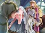  1boy 1girl akuru_(akr369akr) barefoot blonde_hair blue_eyes breasts cape commission dress feet fire_emblem fire_emblem:_the_binding_blade fire_emblem:_the_blazing_blade fire_emblem_heroes foot_focus hetero kiran_(fire_emblem) kiran_(male)_(fire_emblem) large_breasts licking licking_foot long_dress long_hair purple_cape saint_elimine_(fire_emblem) skeb_commission 