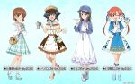  4girls aqua_background aqua_footwear aqua_skirt bag baseball_cap black_hair blue_bow blue_bowtie blue_cape blue_footwear blue_headwear blue_jacket blue_ribbon blue_skirt bobby_socks boko_(girls_und_panzer) boots bow bowtie box bracelet braid brown_dress brown_eyes brown_hair cape carrying casual character_name closed_mouth collared_dress commentary_request cross-laced_footwear crossed_knees cup denim denim_headwear denim_jacket dress dress_shirt earrings finger_to_mouth frilled_dress frilled_shirt frilled_skirt frilled_sleeves frills gift gift_box girls_und_panzer girls_und_panzer_little_army girls_und_panzer_senshadou_daisakusen! hair_ornament hair_ribbon hairclip handbag hat high-waist_skirt high_heel_boots high_heels holding holding_cup holding_gift holding_spoon holding_teapot index_finger_raised jacket jewelry kneehighs long_dress long_hair long_sleeves looking_at_viewer medium_dress medium_skirt mika_(girls_und_panzer) multiple_girls nakasuga_emi nishizumi_miho official_alternate_costume official_art one_eye_closed open_mouth pepperoni_(girls_und_panzer) plaid plaid_skirt red_eyes red_hair ribbon shirt shoes short_hair short_sleeves side_braids skirt smile sneakers socks spoon standing standing_on_one_leg star_(symbol) teapot translated twintails watermark white_day white_dress white_footwear white_shirt white_socks 