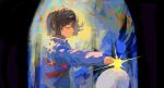  1other abstract_background absurdres androgynous blue_sweater brown_hair child closed_eyes commentary english_commentary frisk_(undertale) from_side heart highres long_sleeves other_focus outstretched_arm painterly short_hair smile solo sweater undertale upper_body wenjiu95177 