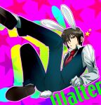  animal_ears artist_name black_vest blue_eyes brown_footwear brown_hair commentary_request fake_animal_ears fake_tail hairband hellsing hellsing:_the_dawn highres necktie purple_background rabbit_ears rabbit_tail red_necktie sitting starry_background tail toshimichi_yukari vest walter_c._dornez white_hairband 