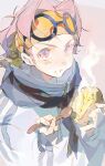  1boy :t bishounen eating eyewear_on_head food food_on_face glasses headband highres holding holding_food koby_(one_piece) looking_at_viewer male_focus marine_uniform_(one_piece) nasix23 one_piece patterned_hair pink_hair scar scar_on_face scar_on_forehead solo spoon 