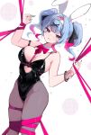  1girl :d animal_ears bare_shoulders black_eyes black_leotard black_nails black_pantyhose blue_hair bound bound_legs bow bowtie breasts cleavage clothing_cutout detached_collar dutch_angle fake_animal_ears feet_out_of_frame grin hair_intakes hatsune_miku heart heart-shaped_pupils heart_cutout highleg highleg_leotard highres large_breasts leotard looking_at_viewer mindoll multicolored_hair nail_polish open_mouth pantyhose pink_hair playboy_bunny rabbit_ears rabbit_hole_(vocaloid) red_bow red_bowtie ribbon ribbon_bondage short_hair short_twintails simple_background smile solo stomach_cutout symbol-shaped_pupils teardrop_facial_mark teeth twintails two-tone_hair vocaloid white_background 