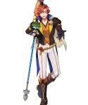  1boy animal_hat black_gloves boots brown_footwear cape fire_emblem fire_emblem:_three_houses fire_emblem_heroes gloves hat highres looking_at_viewer non-web_source official_alternate_costume official_art one_eye_closed pants parted_lips polearm rabbit_hat red_eyes red_hair smile solo sylvain_jose_gautier sylvain_jose_gautier_(spring) tachi-e weapon white_pants 