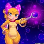  1:1 accessory anthro blush female hair_accessory hair_bow hair_ribbon hand_on_hip jewelry koopaling looking_at_viewer lumineko magic mario_bros necklace nintendo ribbons scalie solo text url video_games wand wendy_o._koopa wide_hips 