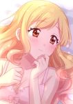  1girl aikatsu! aikatsu!_(series) blonde_hair blurry blush bokeh bow bow_bra bra breasts closed_mouth depth_of_field dot_nose embarrassed gradient_hair hands_up highres long_hair lying multicolored_hair nijino_yume on_back pink_bra pink_hair red_eyes sekina small_breasts solo underwear upper_body 