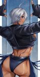  1girl absurdres angel_(kof) ass backless_pants blue_eyes bra breasts chaps cleavage crop_top cropped_jacket dark-skinned_female dark_skin fingerless_gloves from_behind gloves hair_over_one_eye highres horns_pose index_fingers_raised jacket kageru_(mofnyan) large_breasts leather leather_jacket looking_at_viewer midriff muscular muscular_female panties pants short_hair smile snk solo strapless strapless_bra the_king_of_fighters the_king_of_fighters_xiv toned underwear white_hair 