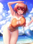  1girl absurdres ahoge bare_shoulders beach blue_sky blush breasts cleavage collarbone fate/grand_order fate_(series) fujimaru_ritsuka_(female) highleg highleg_swimsuit highres innertube jo_(pixiv29989419) large_breasts leaning_forward looking_at_viewer one-piece_swimsuit one_side_up open_mouth orange_eyes orange_hair shore short_hair sky smile solo swim_ring swimsuit thighs wet 