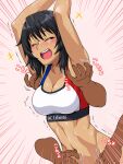  1girl alternate_costume andou_(girls_und_panzer) arms_up black_hair blush breasts cleavage clothes_writing commentary_request commission dark-skinned_female dark_skin disembodied_limb emphasis_lines french_text girls_und_panzer large_breasts leaning_forward medium_hair messy_hair motion_lines multicolored_sports_bra multiple_others navel oosaka_kanagawa open_mouth partial_commentary pixiv_commission restrained smile sparkle sports_bra sportswear standing sweat tickle_torture tickling translated trembling 