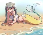  1girl beach bikini bikini_top_only breasts cleavage closed_mouth collarbone fins grey_eyes grey_hair hair_between_eyes hair_ornament highres long_hair lying mermaid monogatari_(series) monster_girl monsterification navel nifffi oikura_sodachi on_stomach owarimonogatari sand small_breasts smile solo swimsuit twintails water white_bikini 