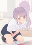  1girl aged_up black_skirt black_socks blunt_bangs clothed_masturbation collared_shirt female_masturbation full_body heart high_ponytail highres hyakumangoku_masurao indoors kneeling leaning_forward long_hair manaka_non masturbation pleated_skirt pretty_series pripara purple_eyes purple_hair remote_control_vibrator school_uniform sex_toy shirt short_sleeves side_ponytail skirt socks solo spoken_heart thought_bubble trembling vibrator white_shirt 