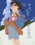  1girl backpack bag bare_shoulders black_hair blush camisole clothes_around_waist cloud ikumono jacket jacket_around_waist kuraue_hinata looking_at_viewer looking_back mountain open_mouth purple_eyes short_hair shorts sketch sky smile solo twintails yama_no_susume 