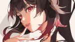  1girl black_hair commentary grey_background highres long_hair looking_at_viewer nail_polish parted_lips pluvioseprince red_eyes red_nails solo sparkle_(honkai:_star_rail) 