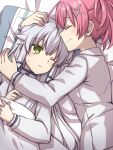  2girls ;( ^_^ altina_orion black_ribbon blush chihiro_(chihiro3399) closed_eyes closed_mouth colored_eyelashes commentary_request eiyuu_densetsu facing_another from_above frown green_eyes hair_ornament hair_ribbon happy head_on_pillow headpat highres hug juna_crawford long_hair long_sleeves looking_at_another lying medium_hair multiple_girls on_back on_bed on_side pillow pink_hair ponytail ribbon sen_no_kiseki sen_no_kiseki_iii shirt smile sweatdrop tress_ribbon tsurime upper_body white_shirt x_hair_ornament 