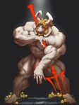 absurd_res asgore_dreemurr big_penis boss_monster_(undertale) covering covering_self genitals hi_res male melee_weapon muscular nude oldshep penis polearm solo trident undertale_(series) weapon