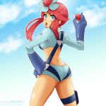  1girl ass blue_eyes blue_gloves blue_sky chikada cropped_jacket from_behind gloves hand_on_own_hip holding holding_poke_ball looking_at_viewer looking_back midriff open_mouth outline poke_ball poke_ball_(basic) pokemon pokemon_bw red_hair sky skyla_(pokemon) solo thigh_pouch white_outline 