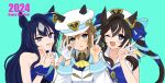  2024 3girls :3 animal_ear_headwear animal_ears aqua_background ascot blue_eyes blue_hair blush brown_hair cheval_grand_(umamusume) dress gloves hair_ribbon hands_up happy_new_year hat head_tilt highres horse_ears inaho_soji jacket long_hair looking_at_viewer mole mole_under_eye multiple_girls ok_sign one_eye_closed open_mouth purple_eyes ribbon sailor_collar shirt short_hair single_glove sleeveless sleeveless_shirt smile strapless strapless_dress twintails twitter_username umamusume v v_over_mouth verxina_(umamusume) vivlos_(umamusume) w white_gloves white_headwear white_jacket yellow_ascot 