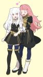  2girls absurdres alternate_costume alternate_hairstyle asao_(vc) breasts fire_emblem fire_emblem:_three_houses fire_emblem_heroes garreg_mach_monastery_uniform highres hilda_valentine_goneril long_hair looking_at_another lysithea_von_ordelia multiple_girls open_mouth pantyhose pink_hair white_background white_hair 