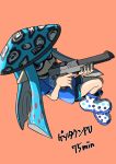  1girl blue_eyes blue_hair blue_headwear boots commentary_request full_body hat highres inkling inkling_girl inkling_player_character long_hair n-zap_(splatoon) orange_background pointy_ears rice_hat rubber_boots shaded_face simple_background solo splatoon_(series) splatoon_3 tentacle_hair white_footwear xdies_ds 