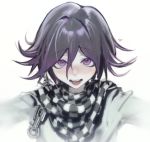  1boy bangs black_hair blurry chain checkered checkered_scarf commentary danganronpa depth_of_field face hair_between_eyes heart highres jacket kyandii looking_at_viewer male_focus messy_hair multicolored_hair new_danganronpa_v3 open_mouth ouma_kokichi purple_eyes purple_hair scarf short_hair simple_background smile solo straitjacket two-tone_hair upper_body white_background white_jacket 