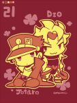  2boys :3 belt character_name chibi chibi_only coat color_guide dio_brando full_body hat jojo_no_kimyou_na_bouken kotorai kujo_jotaro limited_palette male_focus multiple_boys no_nose outline red_background short_hair signature sitting 