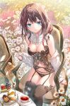  1girl arm_at_side bare_shoulders black_bra black_panties black_thighhighs blue_eyes blueberry bra breasts cake cake_slice chair cherry cleavage closed_mouth commentary_request cup dessert detached_collar dot_nose floral_background flower food frills fruit garter_belt garter_straps highres legs_together lingerie long_sleeves looking_at_viewer medium_breasts miwabe_sakura navel off_shoulder open_clothes open_shirt original outdoors panties pastry pink_nails shirt sitting sleeves_past_wrists smile solo steam stomach string_panties table thighhighs thighs underwear white_flower white_shirt 