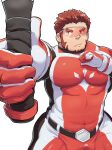  1boy akashi_(live_a_hero) bara baseball_bat bodysuit bulge covered_navel cowboy_shot facial_hair foreshortening goatee goggles highres holding holding_baseball_bat karamaru_(karamari_11) large_pectorals live_a_hero long_sideburns male_focus muscular muscular_male outstretched_arm pectorals red_bodysuit red_eyes red_hair scar scar_on_face scar_on_nose short_hair sideburns solo strongman_waist superhero_costume thick_eyebrows 