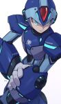  1boy adapted_costume arm_cannon armor blue_eyes blue_headwear closed_mouth commentary_request forehead_jewel helmet highres male_focus mega_man_(series) mega_man_x_(series) shoulder_pads signature simple_background solo vani_(hisha_04) weapon white_background x_(mega_man) 