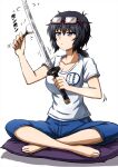  1girl aged_up barefoot black_eyes black_hair blue_pants capri_pants casual closed_mouth commentary cushion eyewear_on_head girls_und_panzer glasses half-closed_eyes highres holding holding_sword holding_weapon katana light_frown medium_hair messy_hair motion_lines omachi_(slabco) on_pillow oryou_(girls_und_panzer) pants polishing red-framed_eyewear semi-rimless_eyewear shirt short_ponytail short_sleeves simple_background sitting solo sword t-shirt translated under-rim_eyewear weapon white_background white_shirt zabuton 