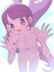  1girl aged_up areola_slip bare_arms bare_shoulders bikini blue_background blunt_bangs breasts collarbone cowboy_shot dot_pupils heart high_ponytail highres hyakumangoku_masurao leaning_forward long_hair looking_at_viewer manaka_non micro_bikini navel open_mouth pretty_series pripara purple_eyes purple_hair small_breasts solo spoken_heart standing strapless strapless_bikini swimsuit very_long_hair waving white_background white_bikini 