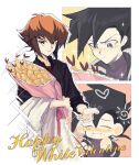  2boys black_coat black_hair black_jacket blush bouquet brown_eyes brown_hair chewing closed_eyes closed_mouth coat embarrassed food happy_white_day highres holding holding_bouquet holding_clothes holding_coat jacket kd_(jichaman1) male_focus manjoume_jun multiple_boys purple_shirt red_shirt shirt short_hair shrimp shrimp_tempura smile sparkle tempura white_day yaoi yu-gi-oh! yu-gi-oh!_gx yuuki_juudai 