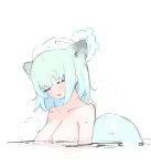  1girl animal_ears blue_archive blue_halo blush breasts closed_eyes completely_nude green_hair halo large_breasts mikozin nude onsen open_mouth partially_submerged shigure_(blue_archive) short_hair simple_background solo steam tail towel towel_on_head water white_background 