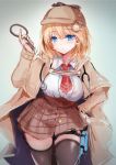  1girl blonde_hair blue_eyes bow breasts brown_coat brown_legwear coat cowboy_shot grey_background hand_on_hip hat hat_bow high-waist_skirt highres holding_magnifying_glass hololive hololive_english holster large_breasts looking_at_viewer mafuyu magnifying_glass miyuki_rei necktie parted_lips plaid plaid_skirt pocket_watch red_neckwear short_necktie sketch skirt solo stethoscope syringe syringe_holster thigh_holster thighhighs thighs trench_coat vignetting watch watson_amelia zettai_ryouiki 