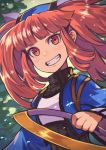  1girl bangs chakram dewprism eyebrows_visible_through_hair grin holding holding_weapon long_hair long_sleeves looking_at_viewer mint_(dewprism) red_eyes red_hair rumie sidelocks smile solo teeth turtleneck twintails upper_body weapon wide_sleeves 