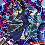  1boy armor attack aura blue_armor blue_headwear blue_skin colored_skin commentary_request copyright_name dark_magician duel_monster electricity energy facial_mark hat highres holding holding_staff hucydin male_focus outstretched_arm purple_hair staff twitter_username wizard wizard_hat yu-gi-oh! 