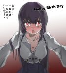 1girl atre bevel_hamana black_hair blush bra breasts cleavage fang happy_birthday jashin-chan_dropkick lace-trimmed_bra lace_trim large_breasts lingerie long_hair looking_at_viewer open_mouth red_eyes saliva shirt simple_background solo underwear white_shirt 