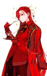  1girl androgynous artist_name braid cake collared_shirt eating fate/grand_order fate_(series) food food_on_face fork gloves hair_ornament hair_over_one_eye hair_stick highres holding holding_fork holding_plate jacket jacket_on_shoulders long_hair oda_nobunaga_(fate) oda_nobunaga_(maou_avenger)_(fate) ornate_clothes pants plate red_eyes red_gloves red_hair red_jacket red_pants red_theme red_vest shirt simple_background solo sparkle twitter_username very_long_hair vest white_background yui_(tamagohan) 