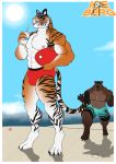  1ceberg absurd_res anthro beach boogie_board bulge claws clothing cloud dreadlocks drinking duo felid hi_res humanoid male male/male mammal milkshake muscular muscular_male nipples outside pantherine pecs sea seaside sneak_attack sneaking standing stripes swimming_goggles swimming_trunks swimwear tiger tongue tongue_out underwear ursid water 