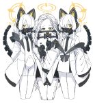  3girls animal_ear_headphones animal_ears blue_archive cat_ear_headphones cat_tail colored_skin cosplay dr_yamero ein_(blue_archive) ein_(blue_archive)_(cosplay) fake_animal_ears forehead hair_over_one_eye hair_tubes halo headphones highres long_hair midori_(blue_archive) momoi_(blue_archive) multiple_girls navel ohr_(blue_archive) ohr_(blue_archive)_(cosplay) short_hair simple_background sof_(blue_archive) sof_(blue_archive)_(cosplay) tail white_background white_hair white_skin yellow_eyes yuzu_(blue_archive) 