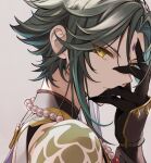  1boy aqua_hair closed_mouth diamond-shaped_pupils diamond_(shape) eyeshadow facial_mark fingernails forehead_mark from_side genshin_impact green_hair hand_over_face highres jewelry looking_at_viewer looking_to_the_side makeup male_focus miyumiyu_nu multicolored_hair necklace pearl_necklace red_eyeshadow sharp_fingernails shoulder_tattoo simple_background solo symbol-shaped_pupils tattoo white_background xiao_(genshin_impact) yellow_eyes 