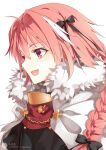  1boy astolfo_(fate) black_bow black_shirt bow braid cape chain fang fate/apocrypha fate/grand_order fate_(series) fur-trimmed_cape fur_trim gold_chain hair_bow hair_intakes highres long_braid long_hair male_focus multicolored_hair otoko_no_ko pink_hair purple_eyes shirt sideways_mouth single_braid skin_fang solo streaked_hair two-tone_hair white_cape white_hair yhyh 